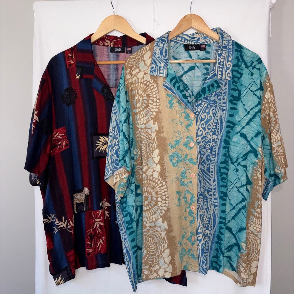 Vtg Tapestry Made USA Men's 2pc Camp Shirt Bundle Patchwork Zebra Tropical 3X